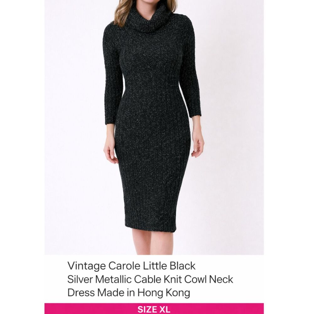 Carole Little Black Sweater Dress Cable Knit With Metallic Threads Vintage Large